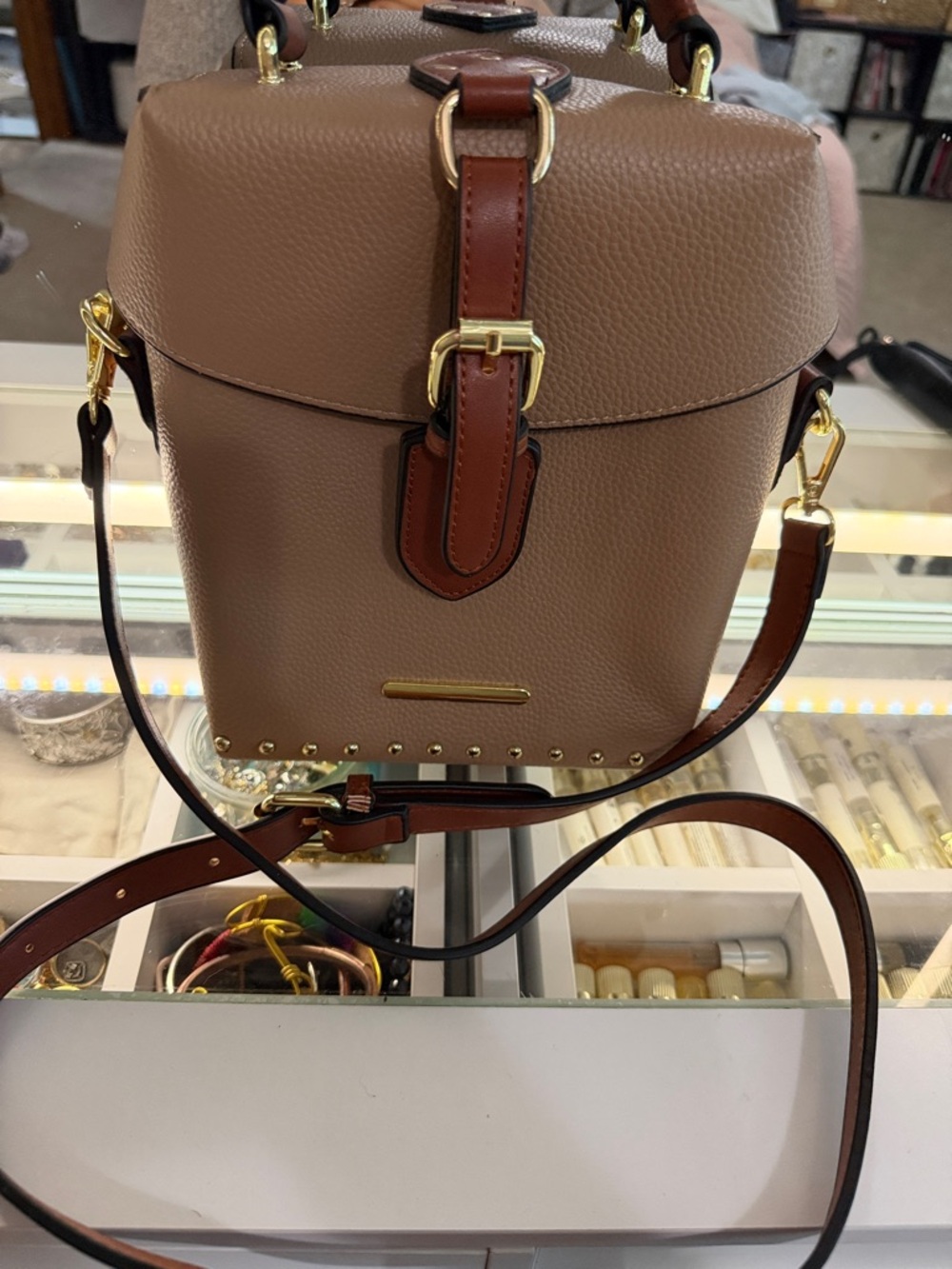 Classic Taupe Crossbody Bag with Leather Trim